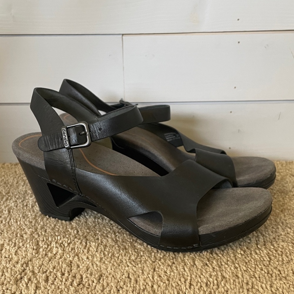 Dansko Black Leather Open-Toe Heeled Sandals
